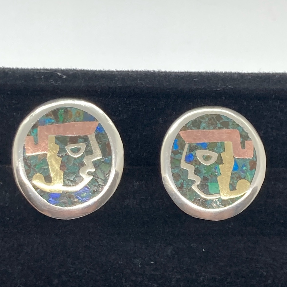 Vtg Taxco Metales SH Sterling Copper Brass Gemstone Inlay Alpaca Cufflinks | 1”